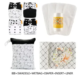 4 Pack Reusable Pocket Cloth Diapers Essentials Set