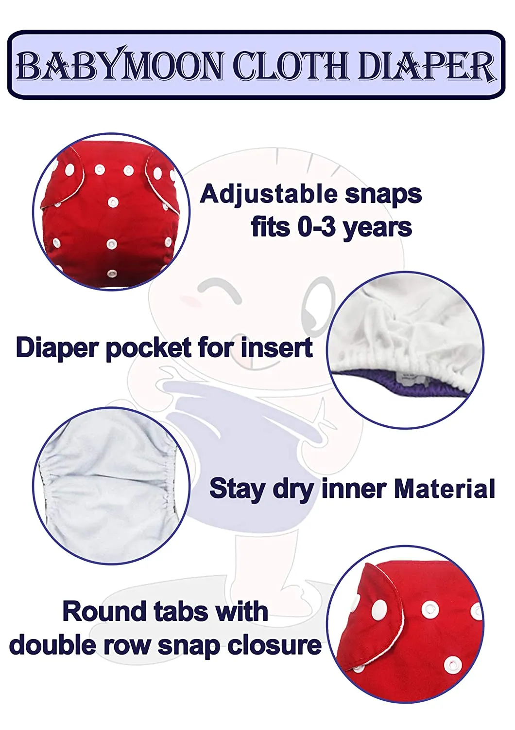 Babymoon 1 Cloth Diaper with 5Layers Grey Insert Premium Adjustable Reusable Cloth Diaper (Black Circular)