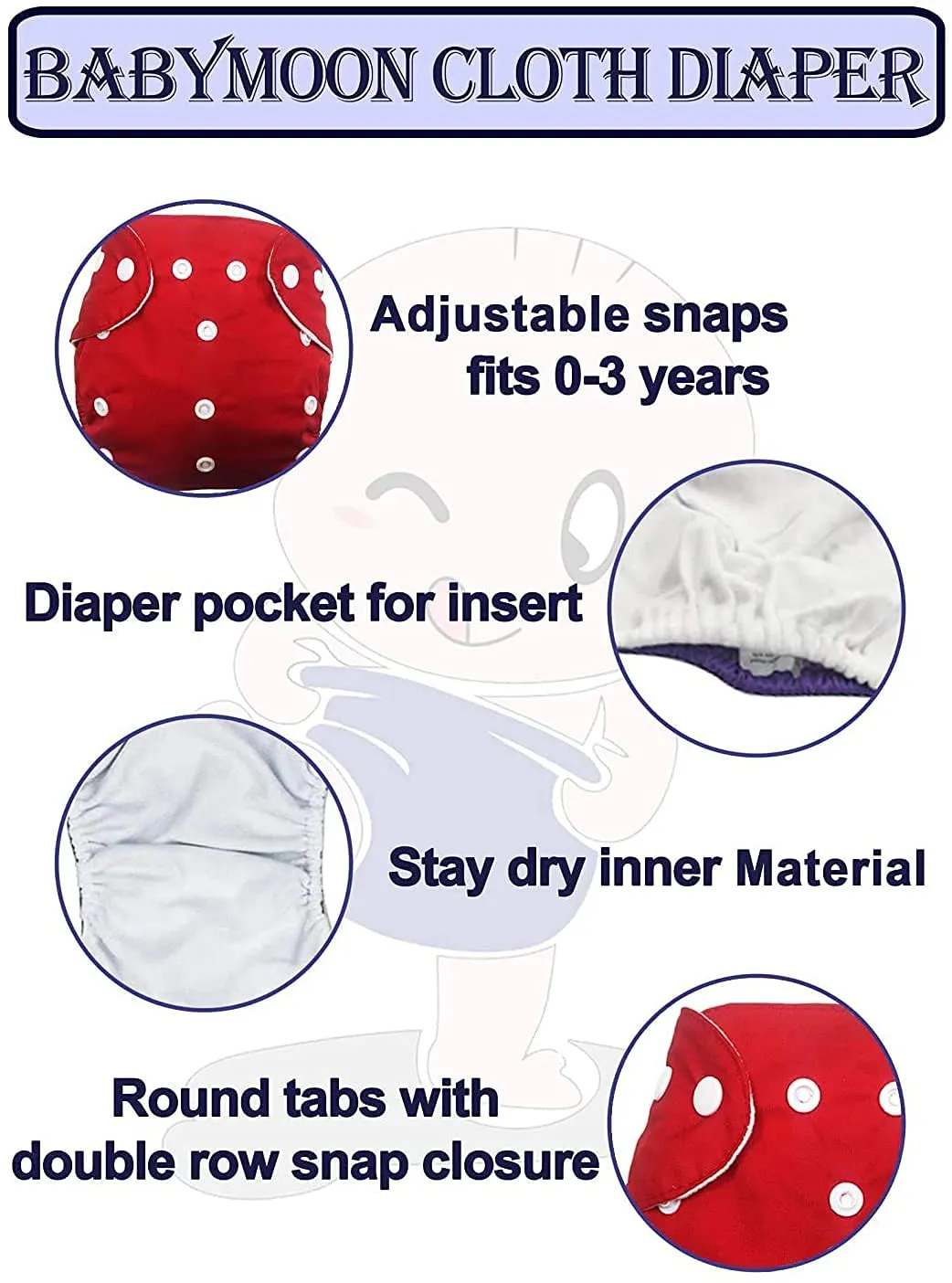 Babymoon 1 Cloth Diaper with 5Layers Grey Insert Premium Adjustable Reusable Cloth Diaper (Yellow Box)