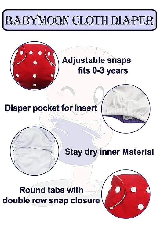 Babymoon | Set of 4 | Cloth Diaper with 5Layers Grey Insert Premium Adjustable Reusable Cloth Diaper | Mummy | Elephant