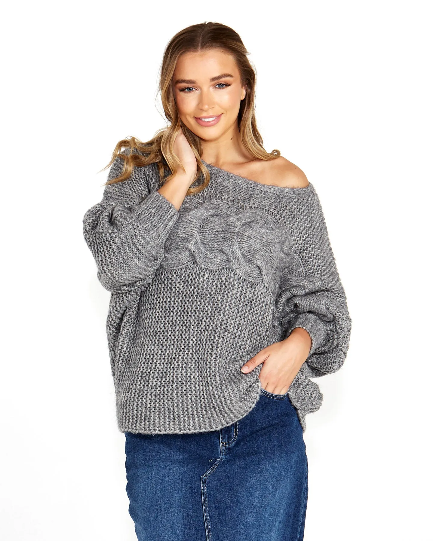Belinda Chunky Cable Knit - Grey Marle
