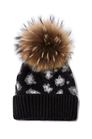 Cashmere Blend Knit Leopard with Pom Beanie