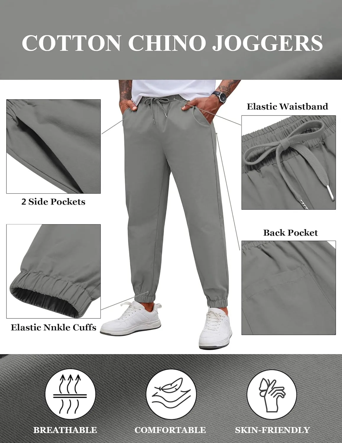 COOFANDY Men's Casual Joggers Pants Cotton Elastic Waist Drawstring Chino Pants Hiking Outdoor Track Sweatpants