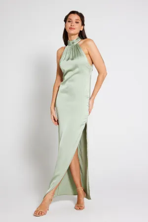 Harley Halter Neck Satin Maxi Dress - Sage Green