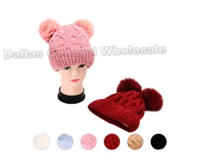 Kids Fur Lining 2 Pom Pom Beanie Hats Wholesale