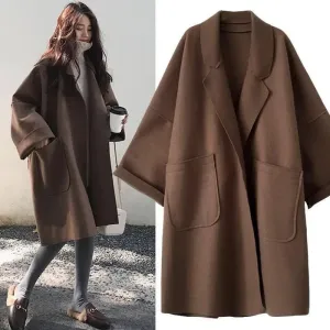 LVSANW Elegant Woolen Trench Coat Winter for Women Vintage Windbreakers Jacket Mid-Length Loose Turn-Down Collar Plus Size 4XL Cardigan