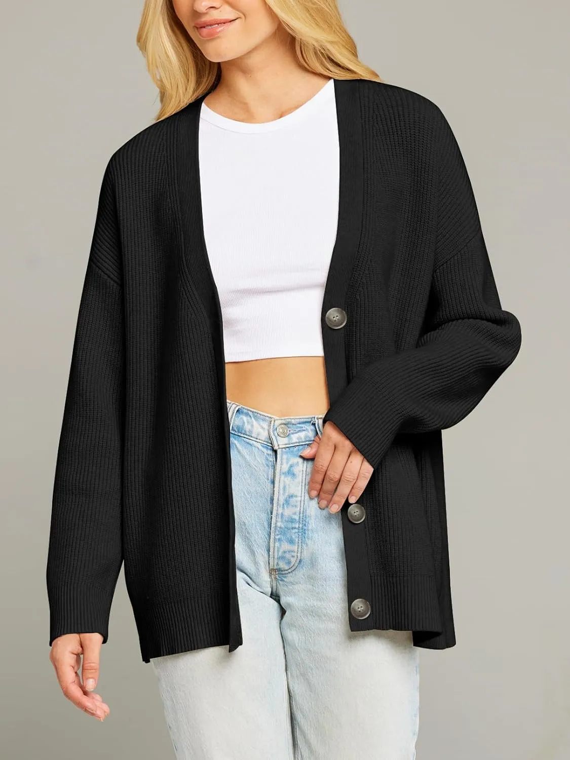 MEROKEETY Women's Cardigan Sweaters 2025 Fall Open Front Oversized Button V Neck Loose Soft Knit Outwear