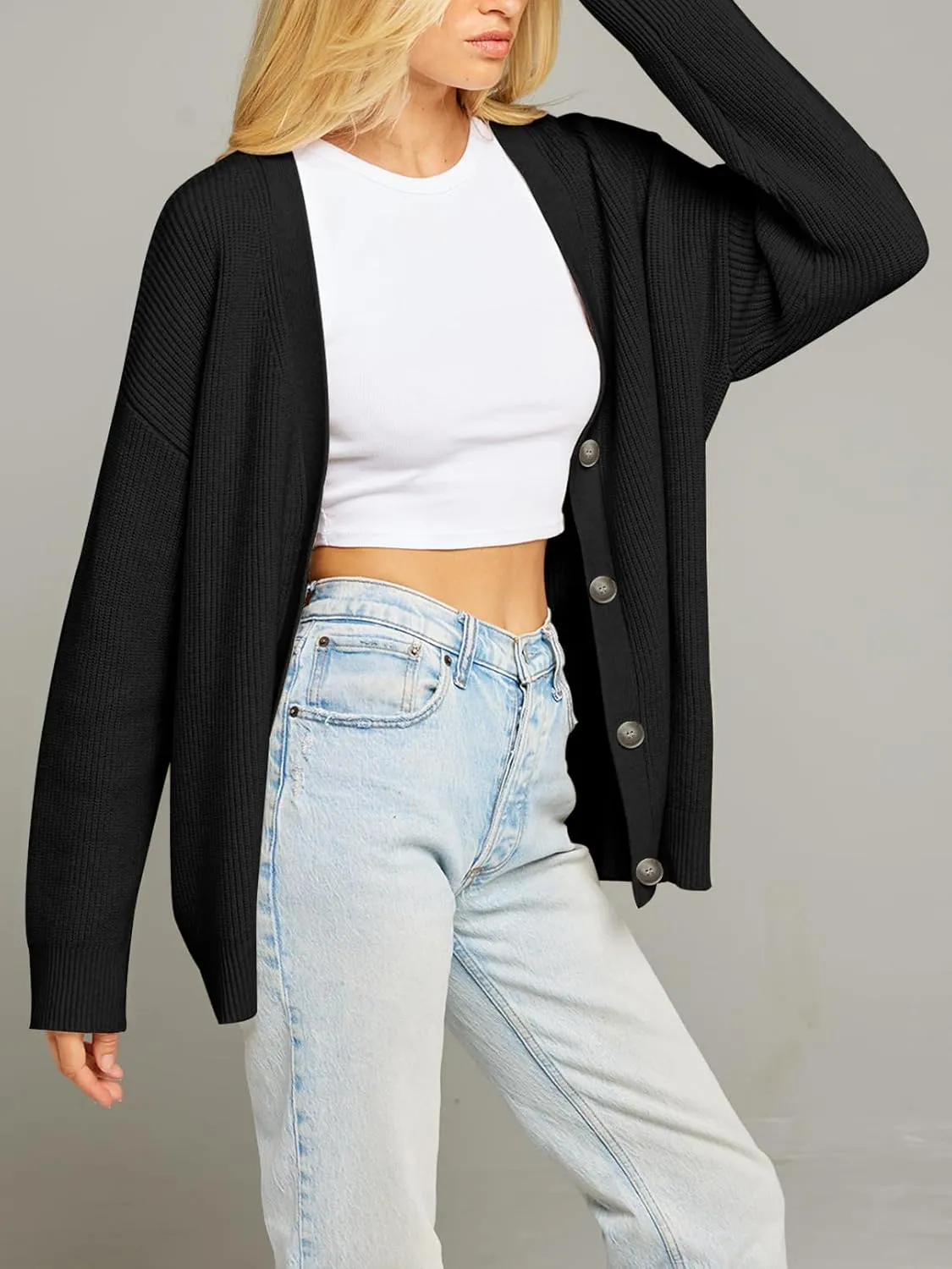 MEROKEETY Women's Cardigan Sweaters 2025 Fall Open Front Oversized Button V Neck Loose Soft Knit Outwear