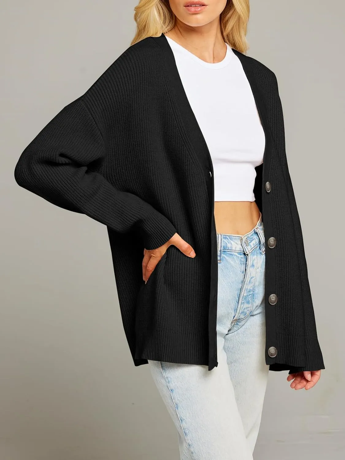 MEROKEETY Women's Cardigan Sweaters 2025 Fall Open Front Oversized Button V Neck Loose Soft Knit Outwear
