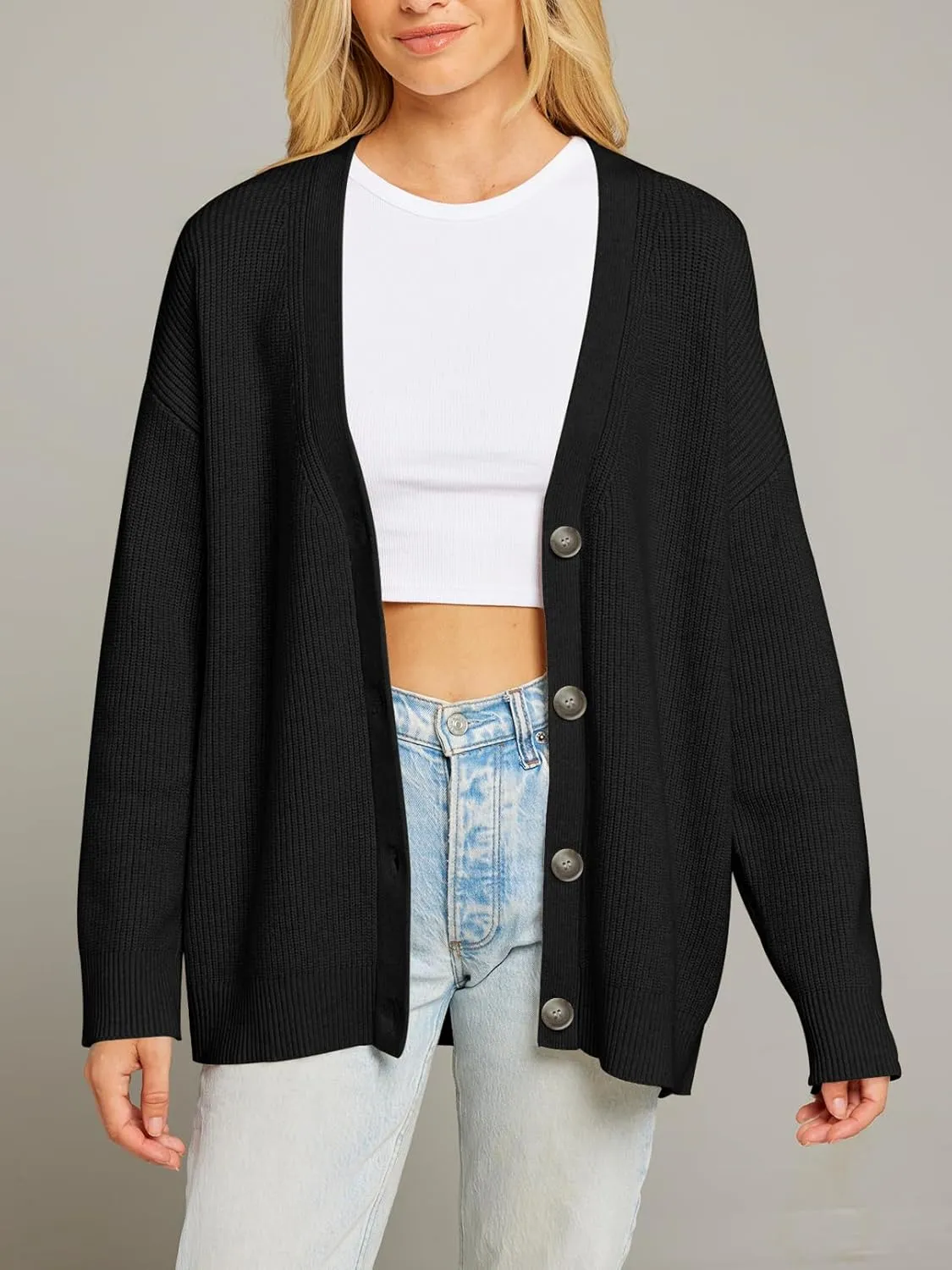 MEROKEETY Women's Cardigan Sweaters 2025 Fall Open Front Oversized Button V Neck Loose Soft Knit Outwear