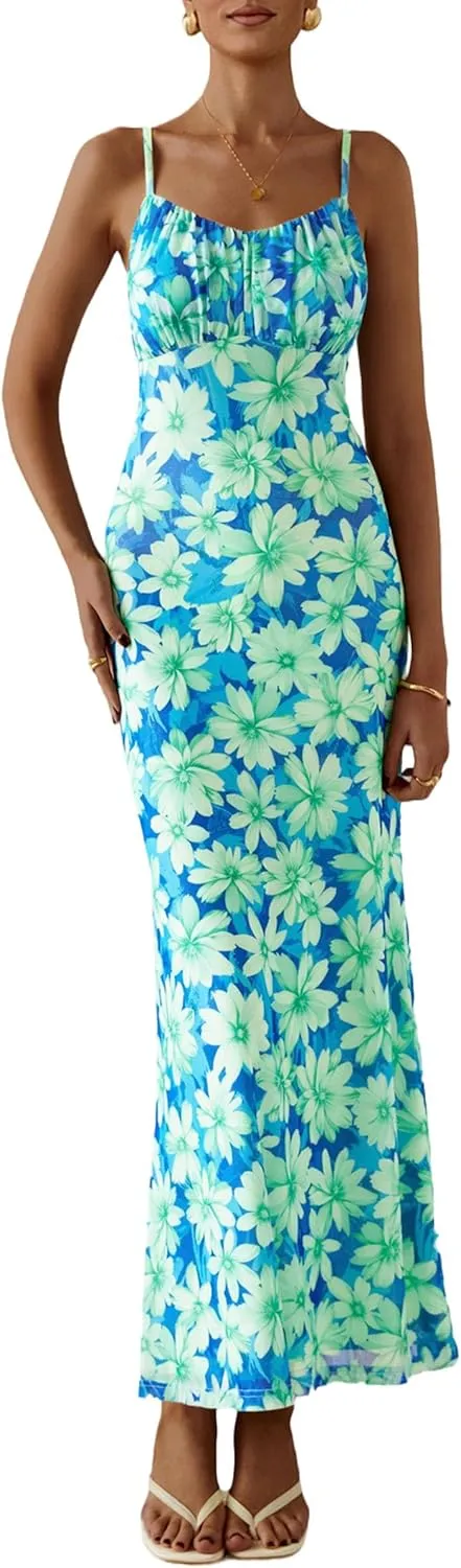 PRETTYGARDEN Women's Bodycon Maxi Dress 2025 Summer Floral Sundress Sleeveless Spaghetti Strap Cocktail Party Dress