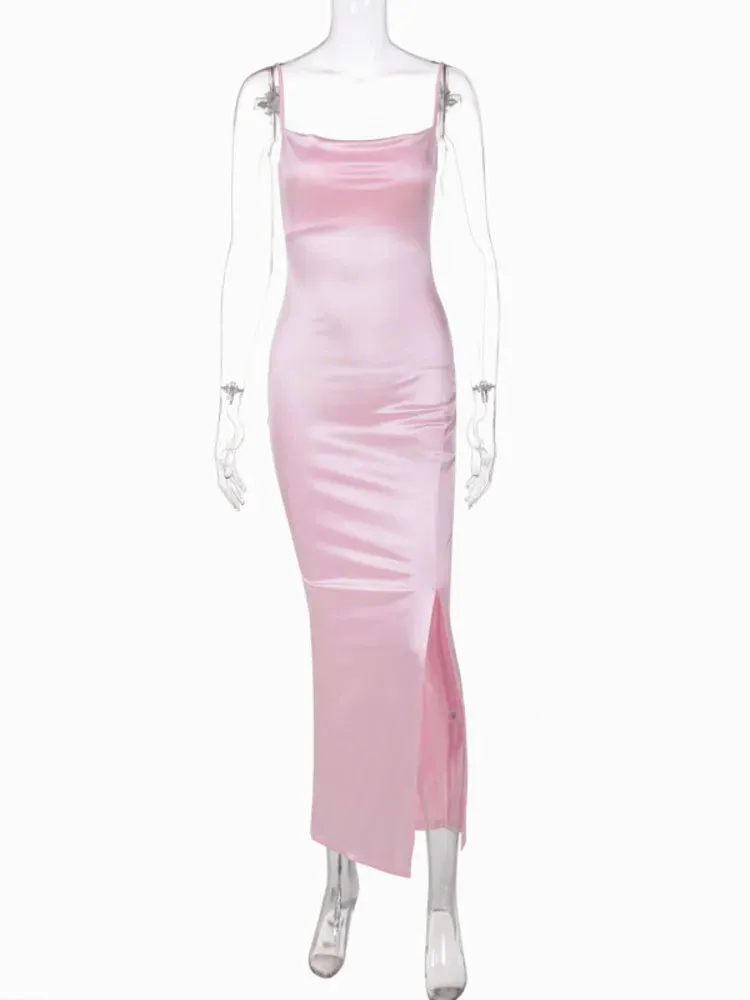 Prom Style Pink Satin Maxi Dress for Elegant Evenings