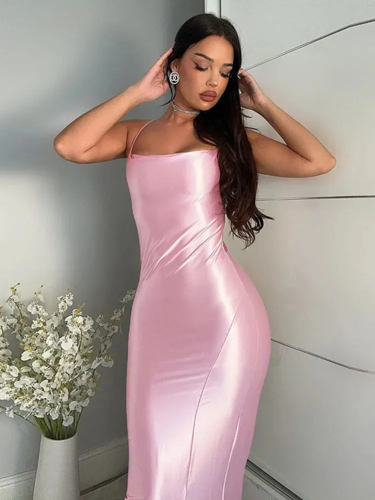 Prom Style Pink Satin Maxi Dress for Elegant Evenings
