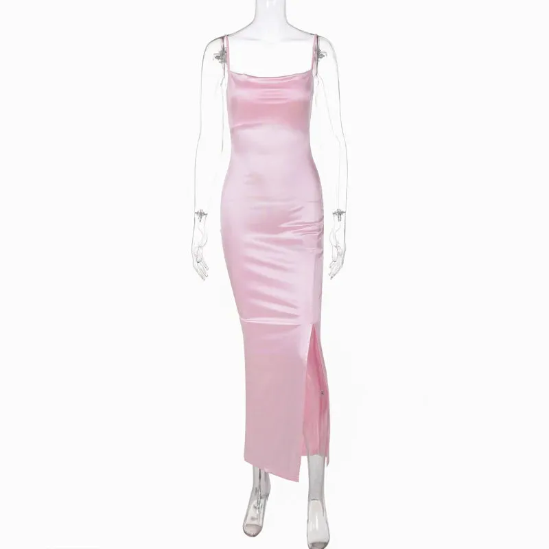 Prom Style Pink Satin Maxi Dress for Elegant Evenings