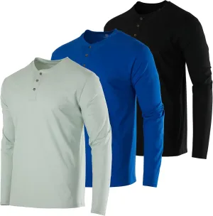 Real Essentials 3 Pack: Men's Cotton Short & Long Sleeve Henley T-Shirt Performance Activewear (Available in Big & Tall)
