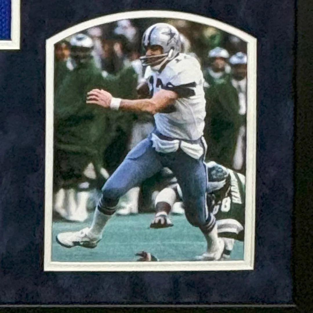 Roger Staubach Signed Dallas Blue Custom Suede Matte Framed Football Jersey (Beckett)