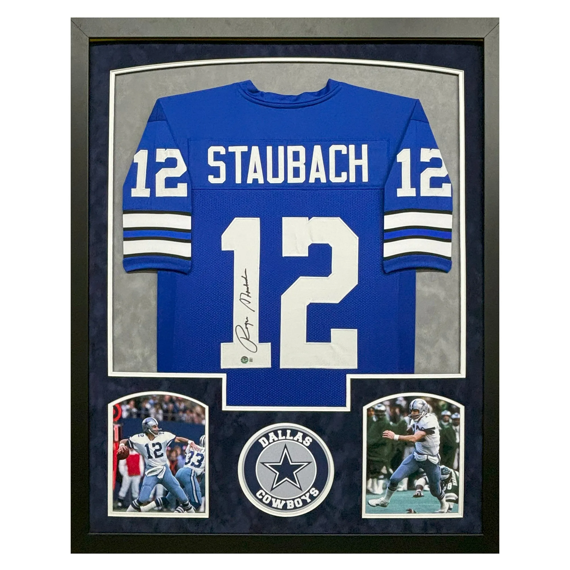Roger Staubach Signed Dallas Blue Custom Suede Matte Framed Football Jersey (Beckett)