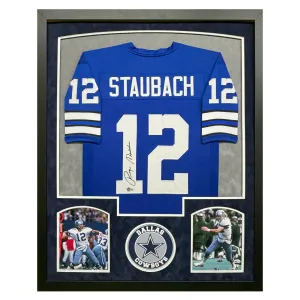Roger Staubach Signed Dallas Blue Custom Suede Matte Framed Football Jersey (Beckett)