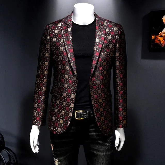 Spring Casual Men Groom Wedding Suit Lattice Grid Blaze