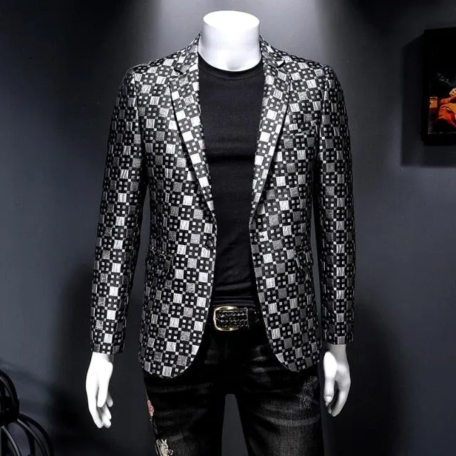 Spring Casual Men Groom Wedding Suit Lattice Grid Blaze