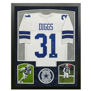 Trevon Diggs Signed Dallas White Custom Suede Matte Framed Football Jersey (JSA)