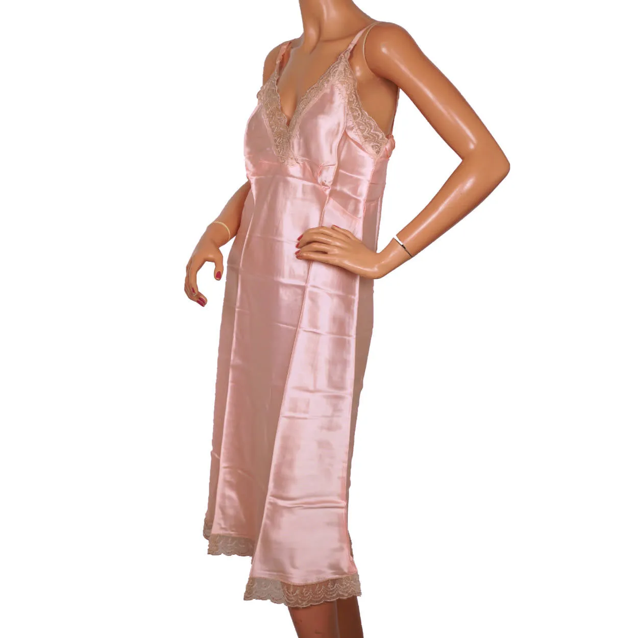 Vintage 1940s Pink Satin Slip with Lace Trim Size M Excellent Condition