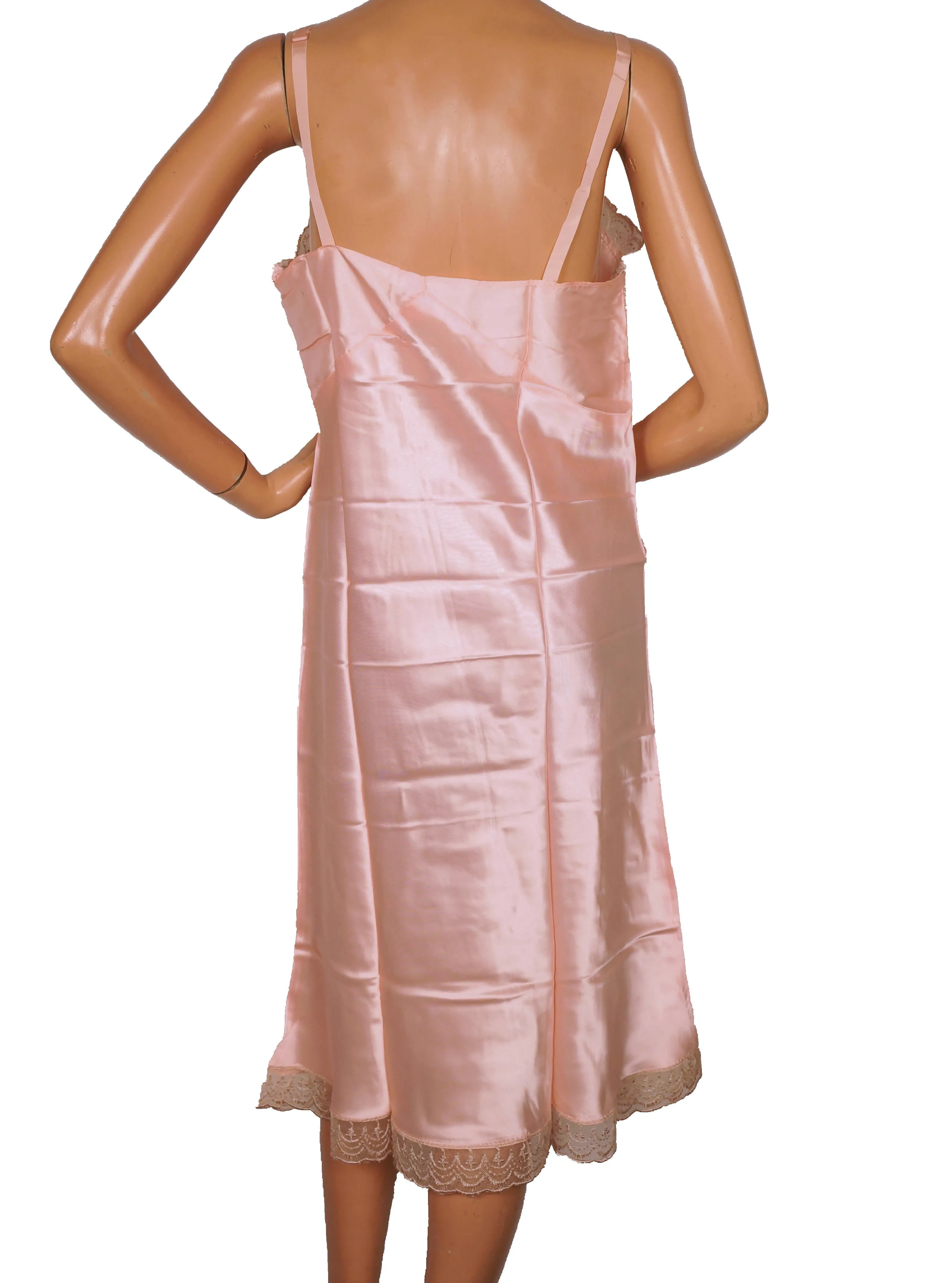 Vintage 1940s Pink Satin Slip with Lace Trim Size M Excellent Condition